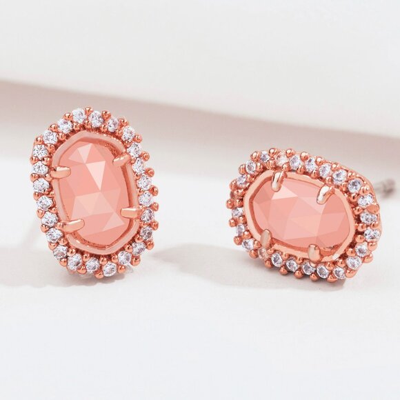 Alicia Bonnie Jewelry - Alicia Bonnie Halo Oval Stud Earrings Rose Gold Crystal Rose Quartz Sparkly